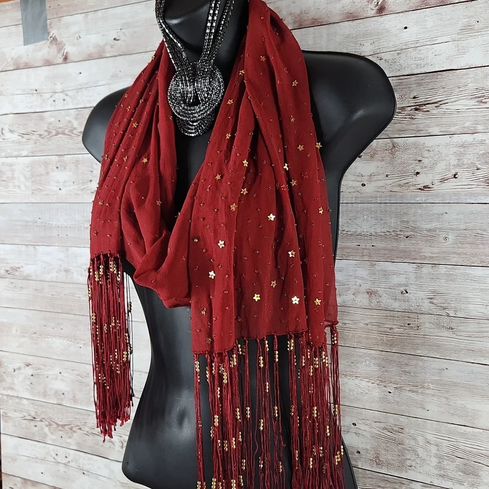 Fashion Scarf, Red with gold hardware and fringes, 70" long. - Picture 2 of 6